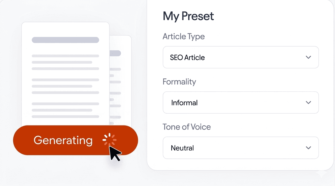 Bulk generation preset with article type, formality, and tone options